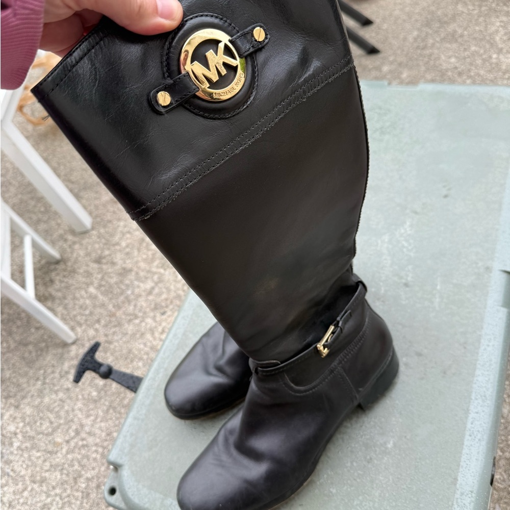 Michael Kors Black Leather Tall MK Logo Boots with Gold Hardware